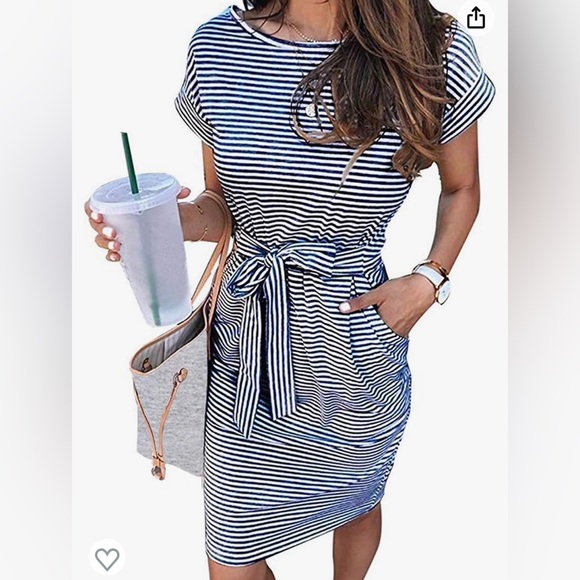 Women's Striped Short Sleeve T Shirt Dress Casual Tie Waist with Pockets - Picture 1 of 5